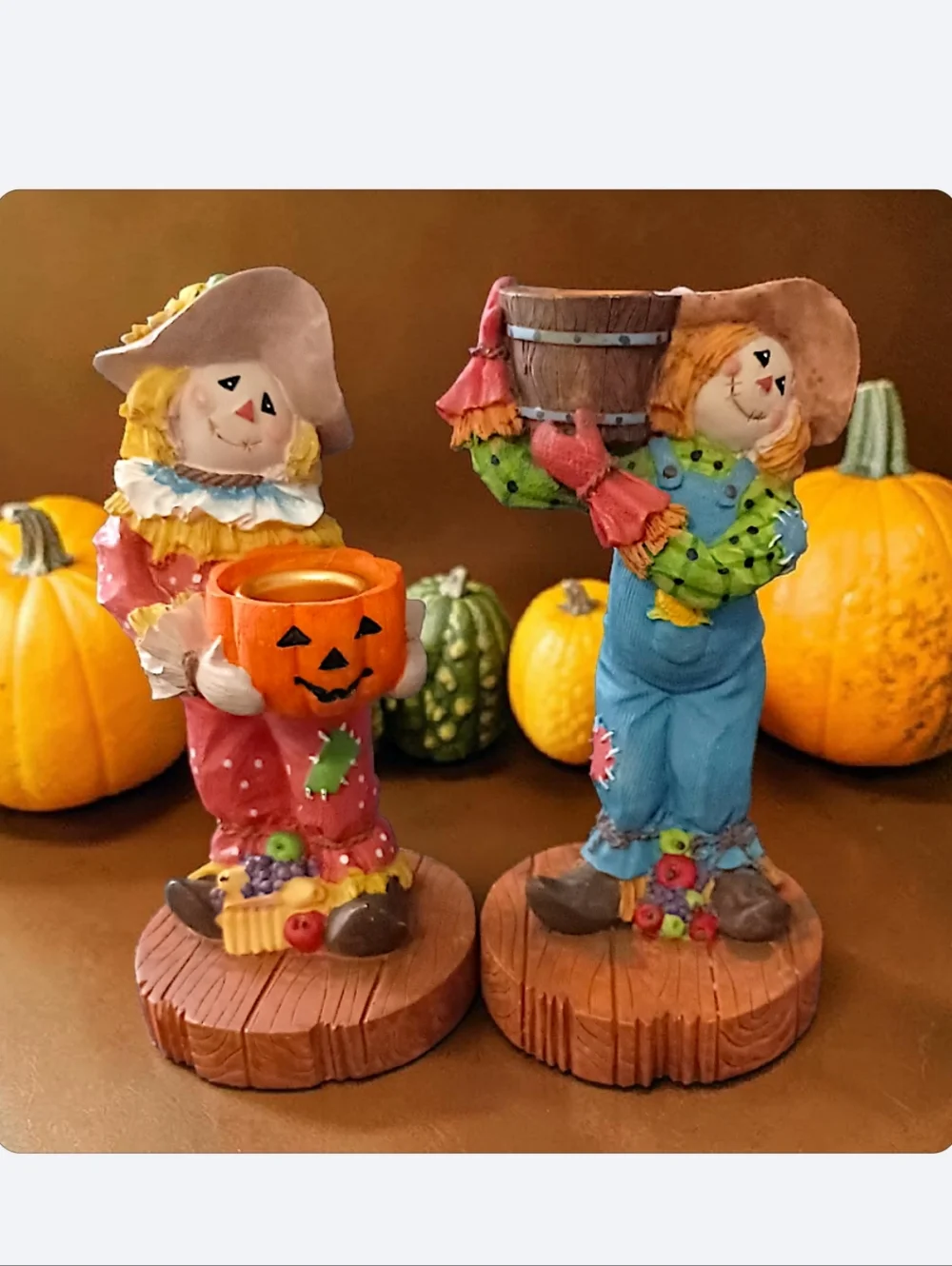 2 Vtg Scarecrow Candle Holders Resin Fall Thanksgiving Decor‎ Halloween Autumn
